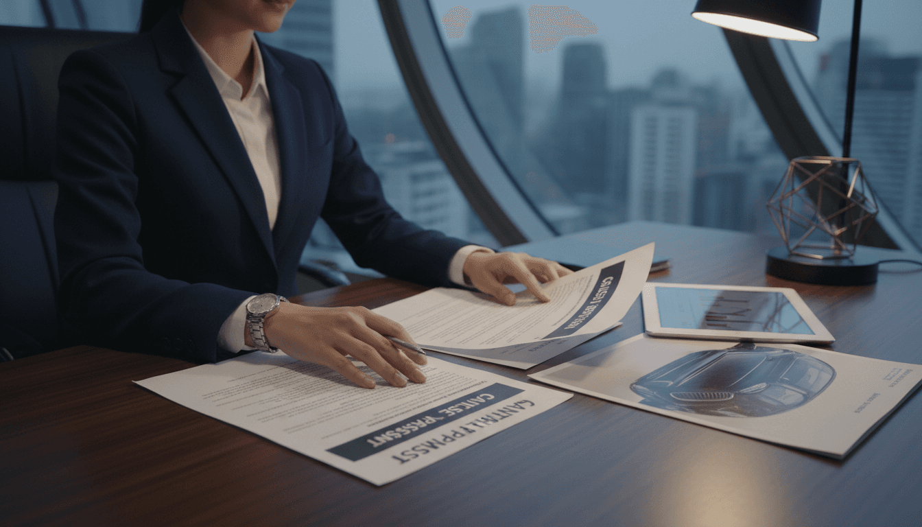 Professional reviewing automotive leasing and insurance documents in a contemporary office