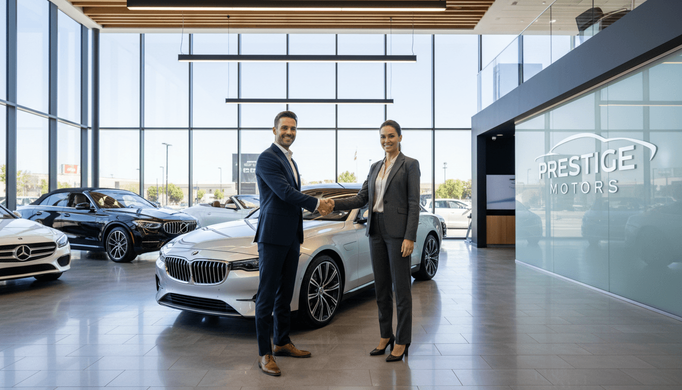 professional business handshake in modern car dealership showroom with luxury vehicle