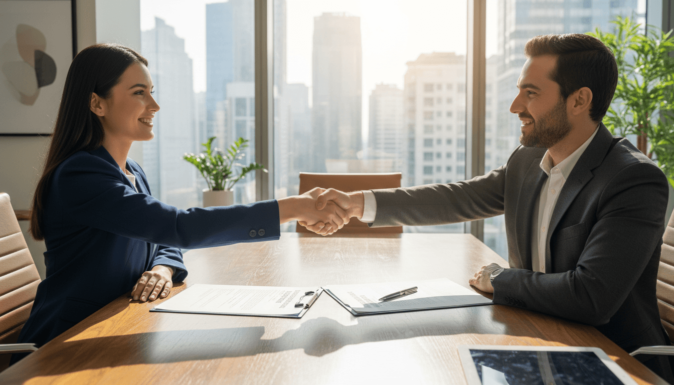 Business handshake signing financial leasing contract documents