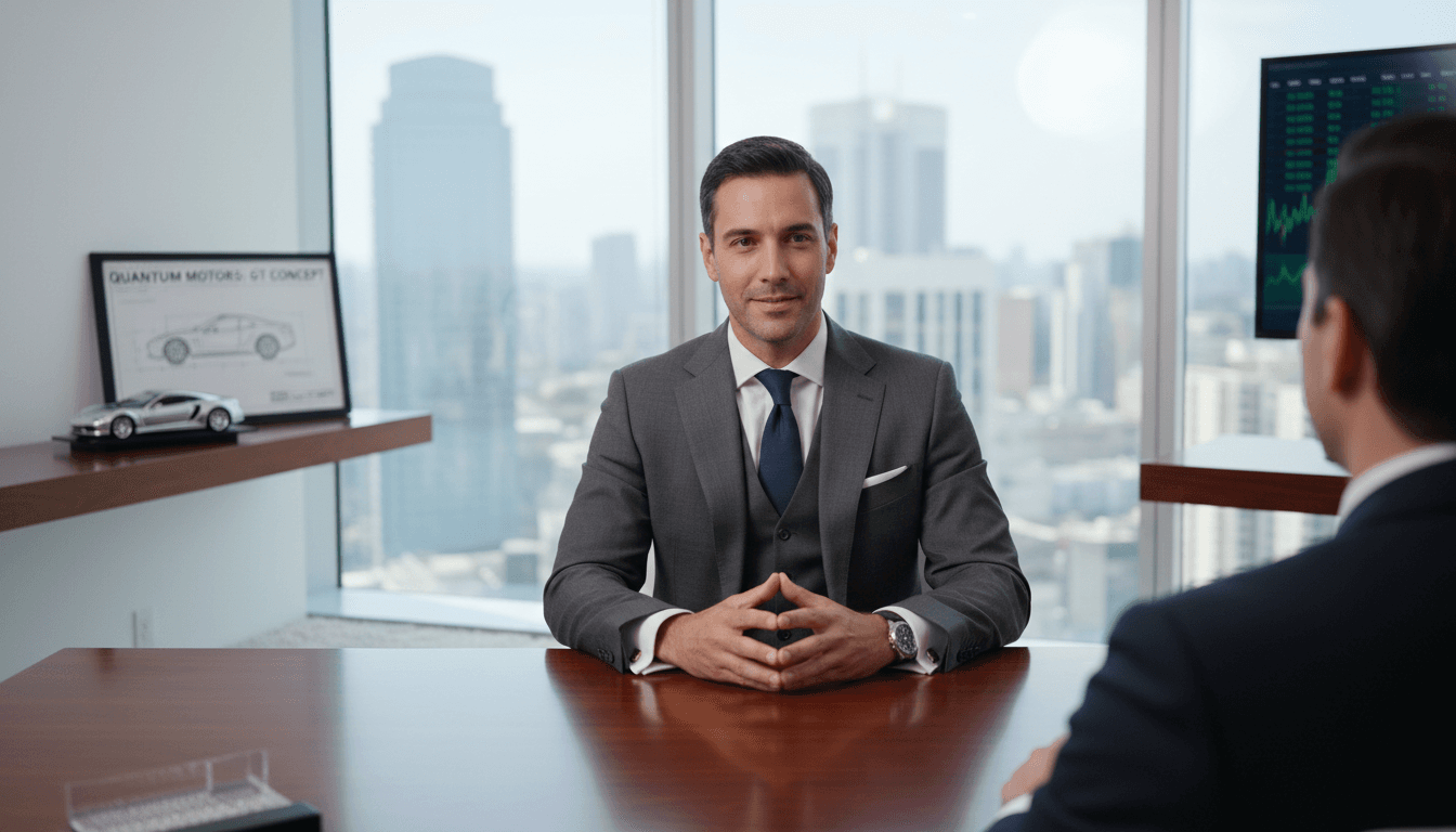 Businessman in a suit speaking across a desk in a bright modern office